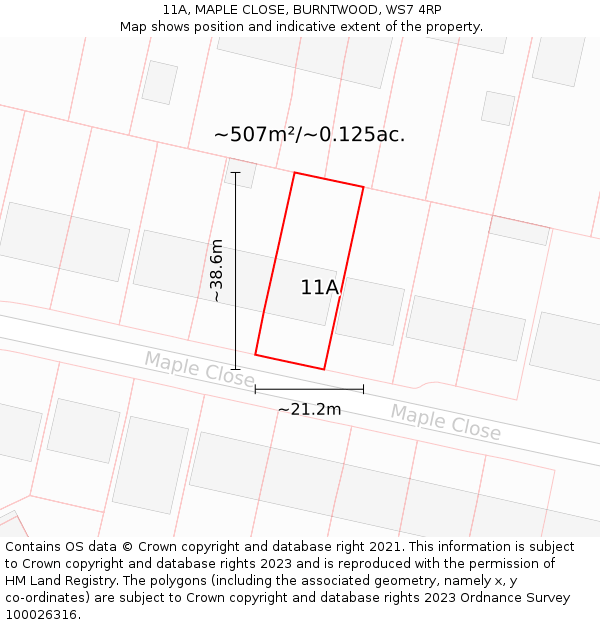 11A, MAPLE CLOSE, BURNTWOOD, WS7 4RP: Plot and title map