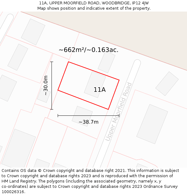11A, UPPER MOORFIELD ROAD, WOODBRIDGE, IP12 4JW: Plot and title map