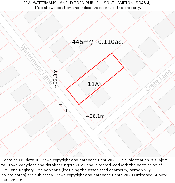 11A, WATERMANS LANE, DIBDEN PURLIEU, SOUTHAMPTON, SO45 4JL: Plot and title map