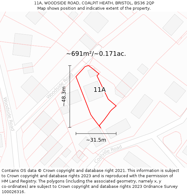 11A, WOODSIDE ROAD, COALPIT HEATH, BRISTOL, BS36 2QP: Plot and title map