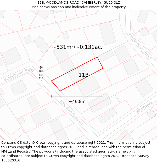 11B, WOODLANDS ROAD, CAMBERLEY, GU15 3LZ: Plot and title map