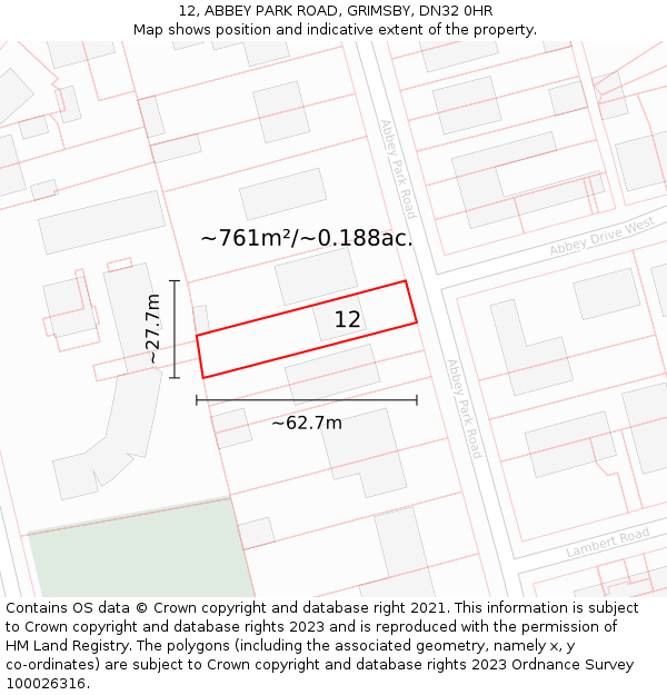 12, ABBEY PARK ROAD, GRIMSBY, DN32 0HR: Plot and title map