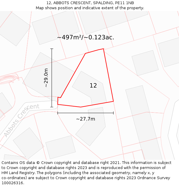 12, ABBOTS CRESCENT, SPALDING, PE11 1NB: Plot and title map