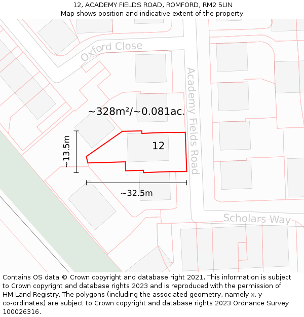 12, ACADEMY FIELDS ROAD, ROMFORD, RM2 5UN: Plot and title map