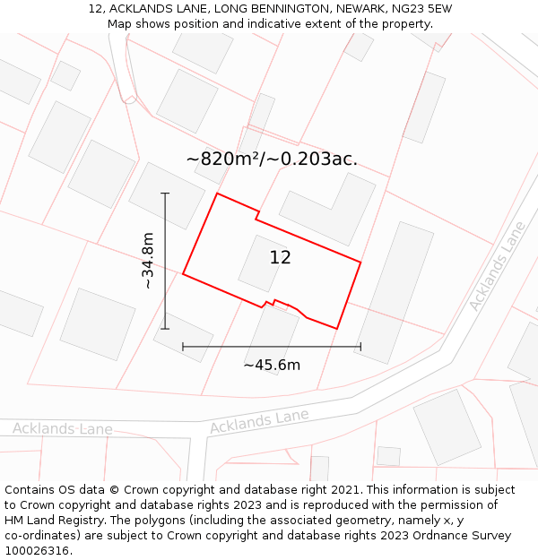 12, ACKLANDS LANE, LONG BENNINGTON, NEWARK, NG23 5EW: Plot and title map