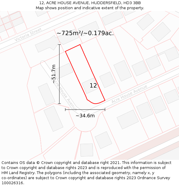 12, ACRE HOUSE AVENUE, HUDDERSFIELD, HD3 3BB: Plot and title map