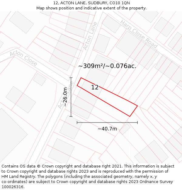 12, ACTON LANE, SUDBURY, CO10 1QN: Plot and title map