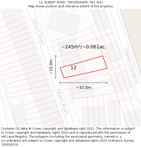 12, ALBERT ROAD, TWICKENHAM, TW1 4HU: Plot and title map