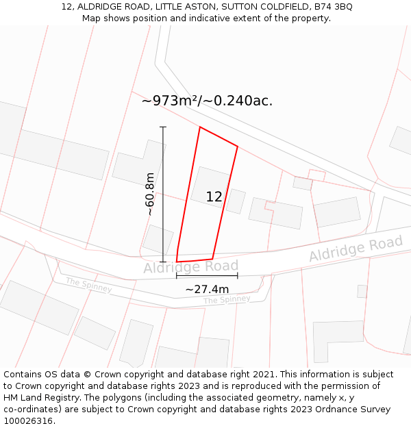 12, ALDRIDGE ROAD, LITTLE ASTON, SUTTON COLDFIELD, B74 3BQ: Plot and title map