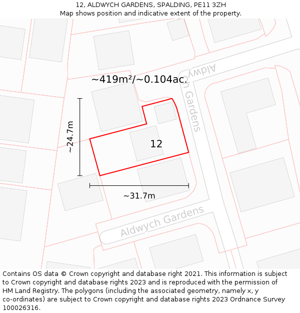 12, ALDWYCH GARDENS, SPALDING, PE11 3ZH: Plot and title map