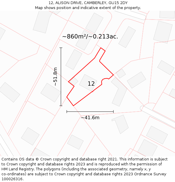 12, ALISON DRIVE, CAMBERLEY, GU15 2DY: Plot and title map