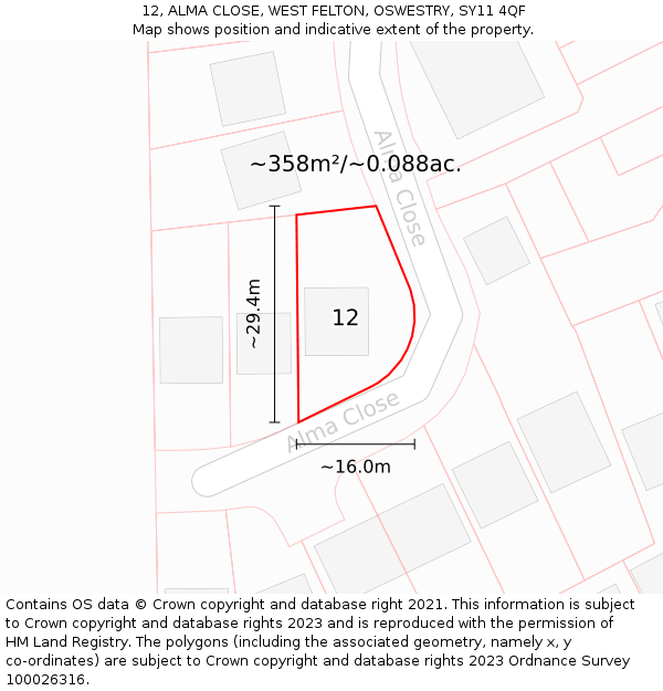 12, ALMA CLOSE, WEST FELTON, OSWESTRY, SY11 4QF: Plot and title map