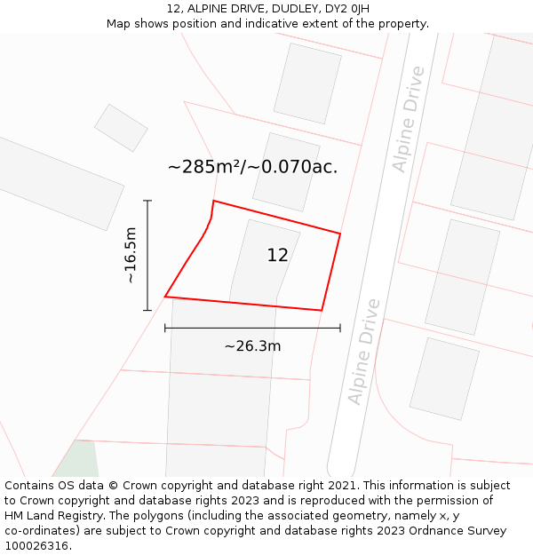 12, ALPINE DRIVE, DUDLEY, DY2 0JH: Plot and title map