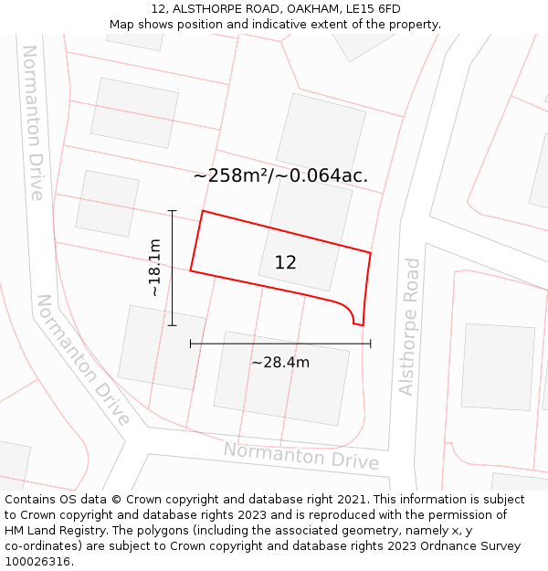 12, ALSTHORPE ROAD, OAKHAM, LE15 6FD: Plot and title map