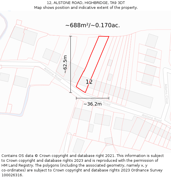 12, ALSTONE ROAD, HIGHBRIDGE, TA9 3DT: Plot and title map
