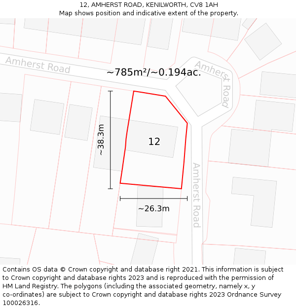 12, AMHERST ROAD, KENILWORTH, CV8 1AH: Plot and title map