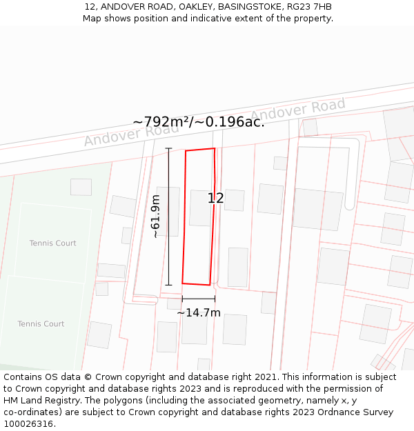 12, ANDOVER ROAD, OAKLEY, BASINGSTOKE, RG23 7HB: Plot and title map