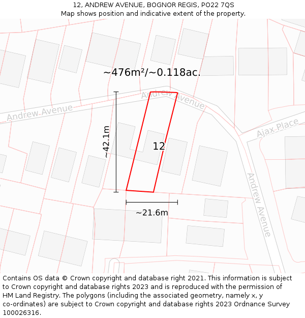 12, ANDREW AVENUE, BOGNOR REGIS, PO22 7QS: Plot and title map