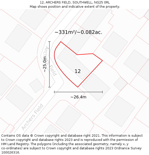 12, ARCHERS FIELD, SOUTHWELL, NG25 0RL: Plot and title map