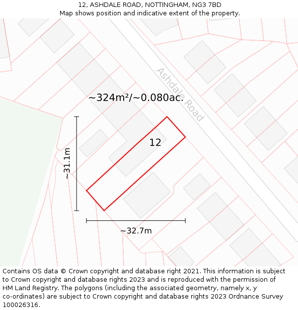 12, ASHDALE ROAD, NOTTINGHAM, NG3 7BD: Plot and title map