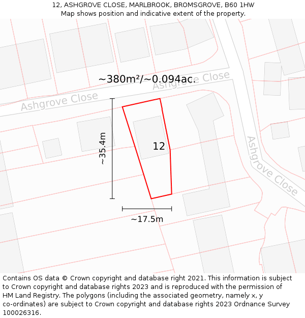 12, ASHGROVE CLOSE, MARLBROOK, BROMSGROVE, B60 1HW: Plot and title map