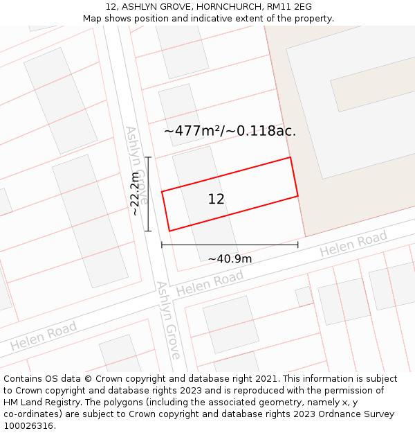 12, ASHLYN GROVE, HORNCHURCH, RM11 2EG: Plot and title map