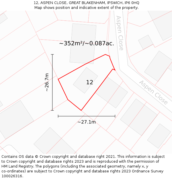 12, ASPEN CLOSE, GREAT BLAKENHAM, IPSWICH, IP6 0HQ: Plot and title map