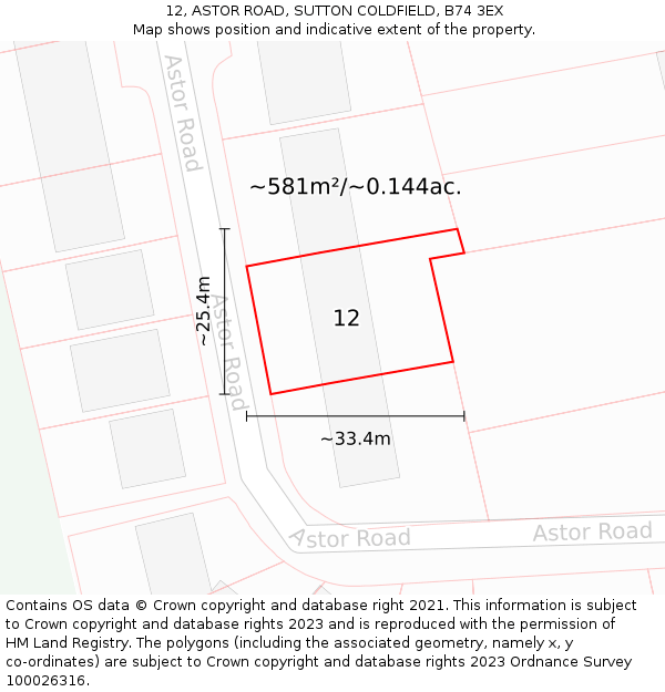 12, ASTOR ROAD, SUTTON COLDFIELD, B74 3EX: Plot and title map