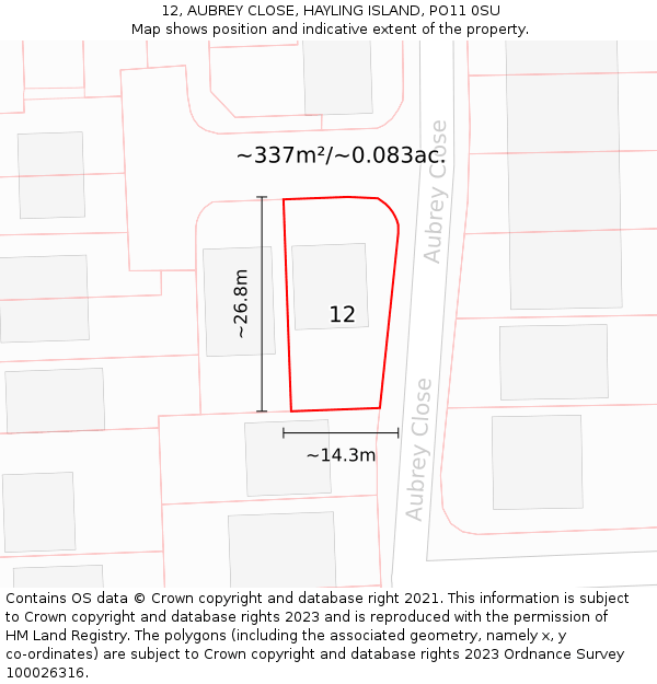 12, AUBREY CLOSE, HAYLING ISLAND, PO11 0SU: Plot and title map