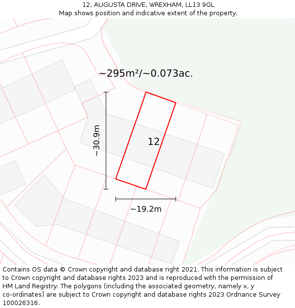 12, AUGUSTA DRIVE, WREXHAM, LL13 9GL: Plot and title map