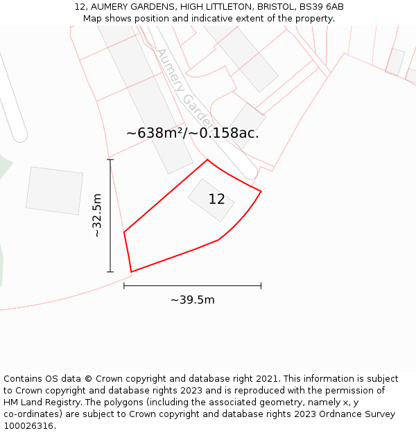 12, AUMERY GARDENS, HIGH LITTLETON, BRISTOL, BS39 6AB: Plot and title map