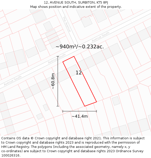 12, AVENUE SOUTH, SURBITON, KT5 8PJ: Plot and title map