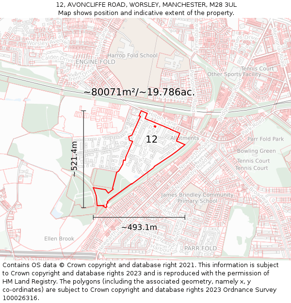 12, AVONCLIFFE ROAD, WORSLEY, MANCHESTER, M28 3UL: Plot and title map