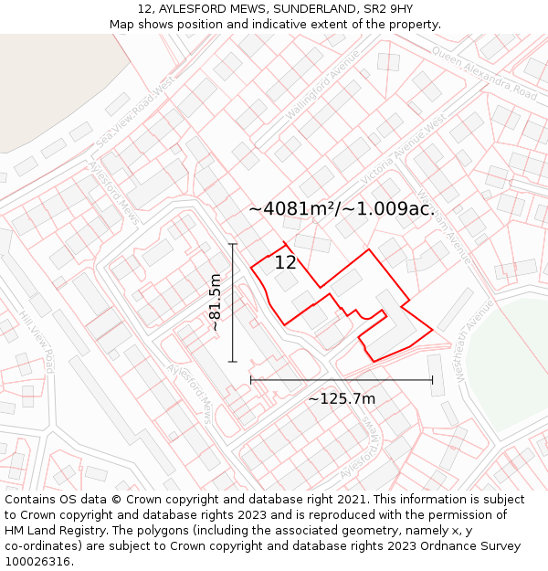 12, AYLESFORD MEWS, SUNDERLAND, SR2 9HY: Plot and title map