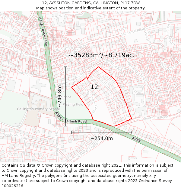 12, AYSSHTON GARDENS, CALLINGTON, PL17 7DW: Plot and title map