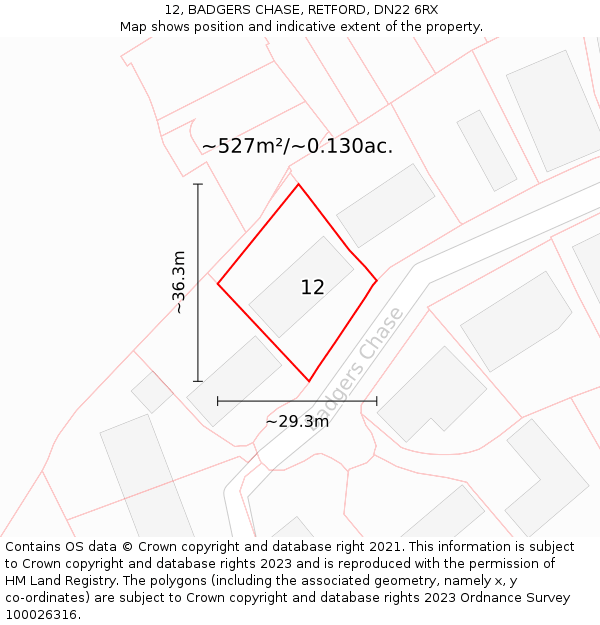 12, BADGERS CHASE, RETFORD, DN22 6RX: Plot and title map