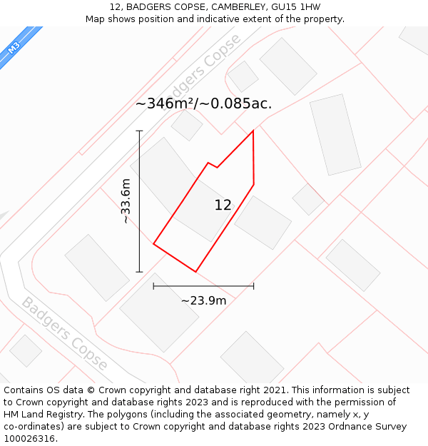 12, BADGERS COPSE, CAMBERLEY, GU15 1HW: Plot and title map