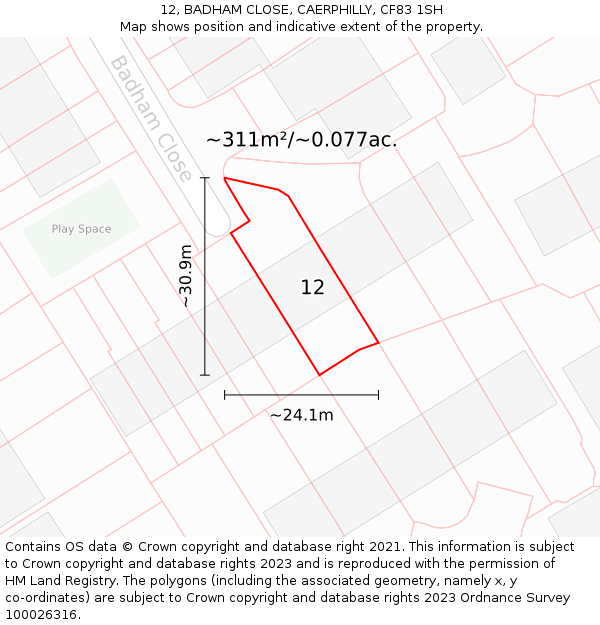 12, BADHAM CLOSE, CAERPHILLY, CF83 1SH: Plot and title map