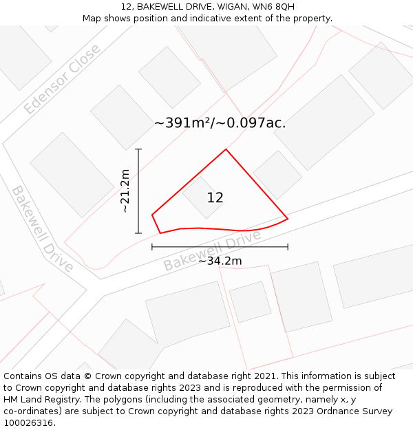 12, BAKEWELL DRIVE, WIGAN, WN6 8QH: Plot and title map