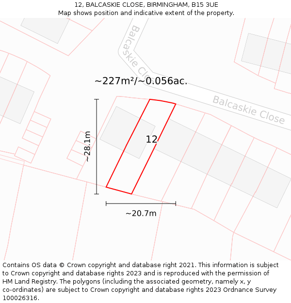 12, BALCASKIE CLOSE, BIRMINGHAM, B15 3UE: Plot and title map