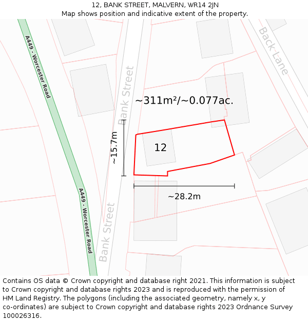 12, BANK STREET, MALVERN, WR14 2JN: Plot and title map