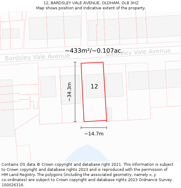 12, BARDSLEY VALE AVENUE, OLDHAM, OL8 3HZ: Plot and title map