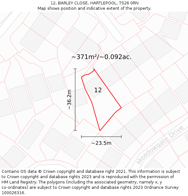 12, BARLEY CLOSE, HARTLEPOOL, TS26 0RN: Plot and title map