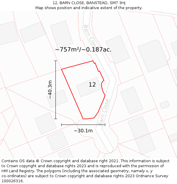 12, BARN CLOSE, BANSTEAD, SM7 3HJ: Plot and title map