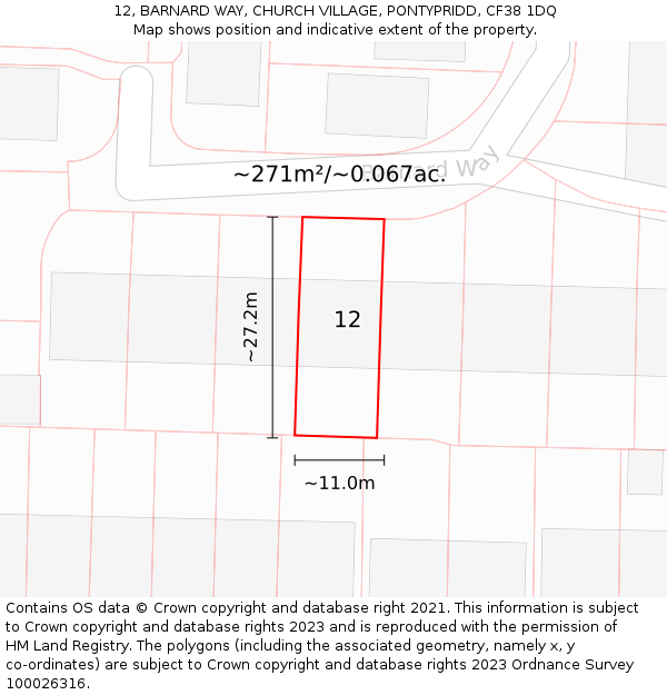 12, BARNARD WAY, CHURCH VILLAGE, PONTYPRIDD, CF38 1DQ: Plot and title map