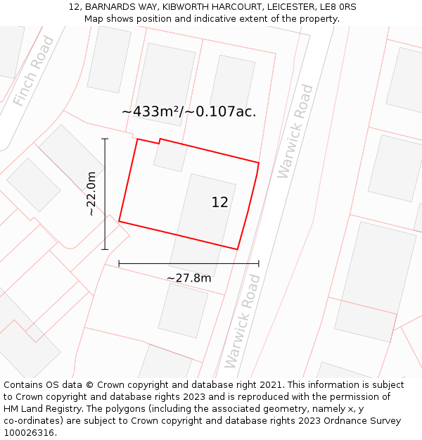 12, BARNARDS WAY, KIBWORTH HARCOURT, LEICESTER, LE8 0RS: Plot and title map