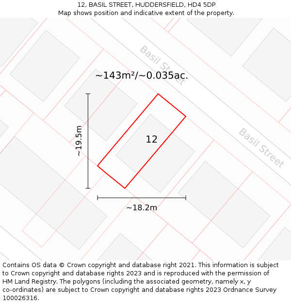 12, BASIL STREET, HUDDERSFIELD, HD4 5DP: Plot and title map