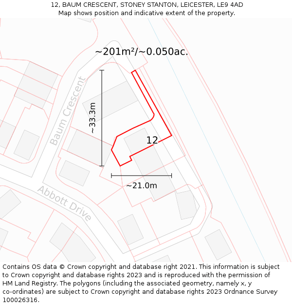 12, BAUM CRESCENT, STONEY STANTON, LEICESTER, LE9 4AD: Plot and title map