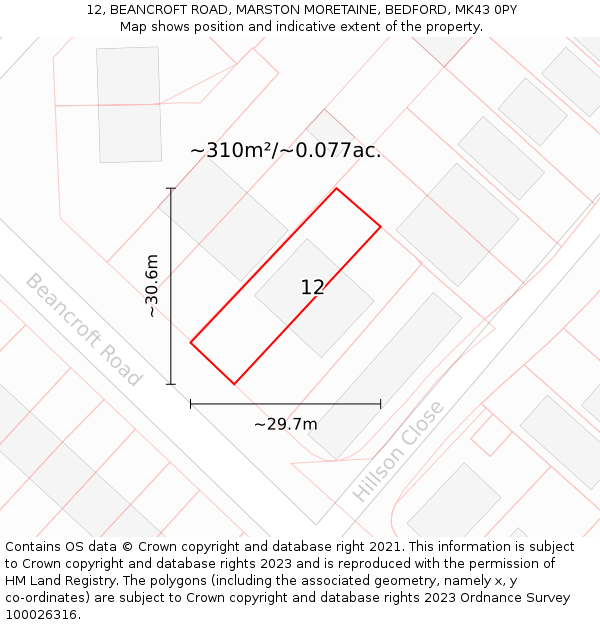 12, BEANCROFT ROAD, MARSTON MORETAINE, BEDFORD, MK43 0PY: Plot and title map