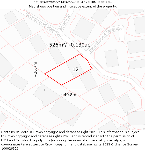 12, BEARDWOOD MEADOW, BLACKBURN, BB2 7BH: Plot and title map